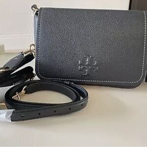 Tory Burch (authentic) Black Thea Pebbled Leather Flap Crossbody Shoulder Bag